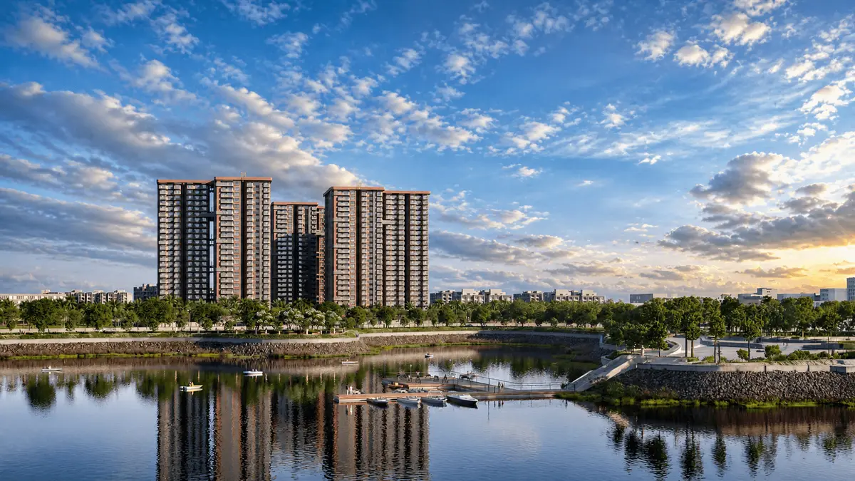Artist's impression of TRU Aquapolis towers opposite Varthur Lake