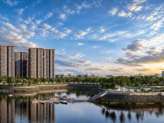 Artist's impression of the TRU Aquapolis towers across Varthur Lake