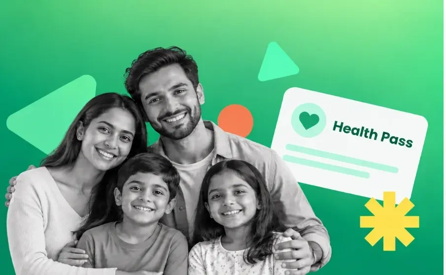 A family smiling together, from the BookMyScans Health Pass page