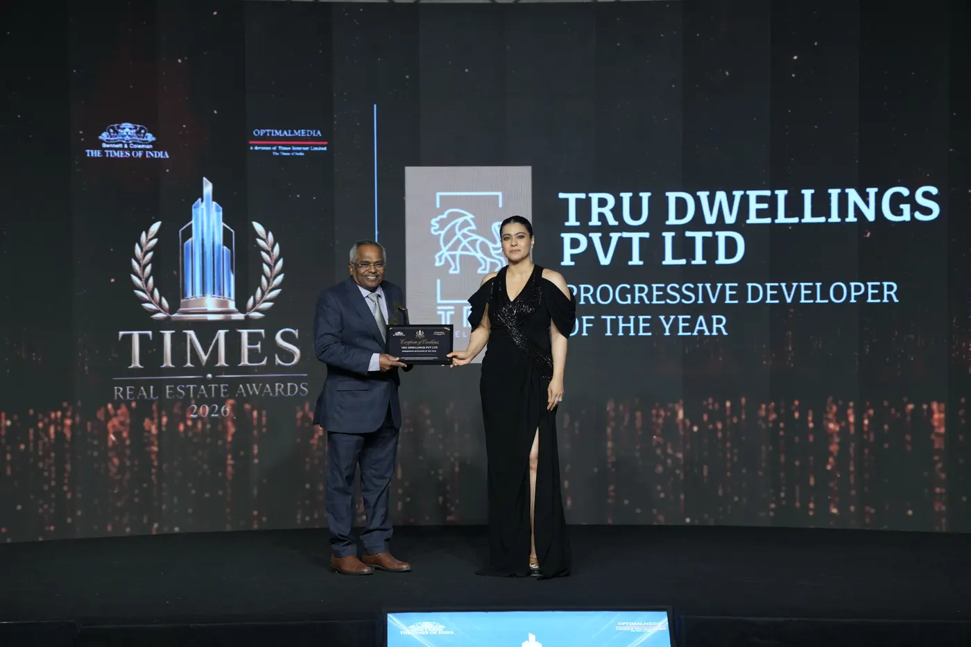 TRU Dwellings receiving the Progressive Developer of the Year 2026 award on stage at the Times Real Estate Awards 2026